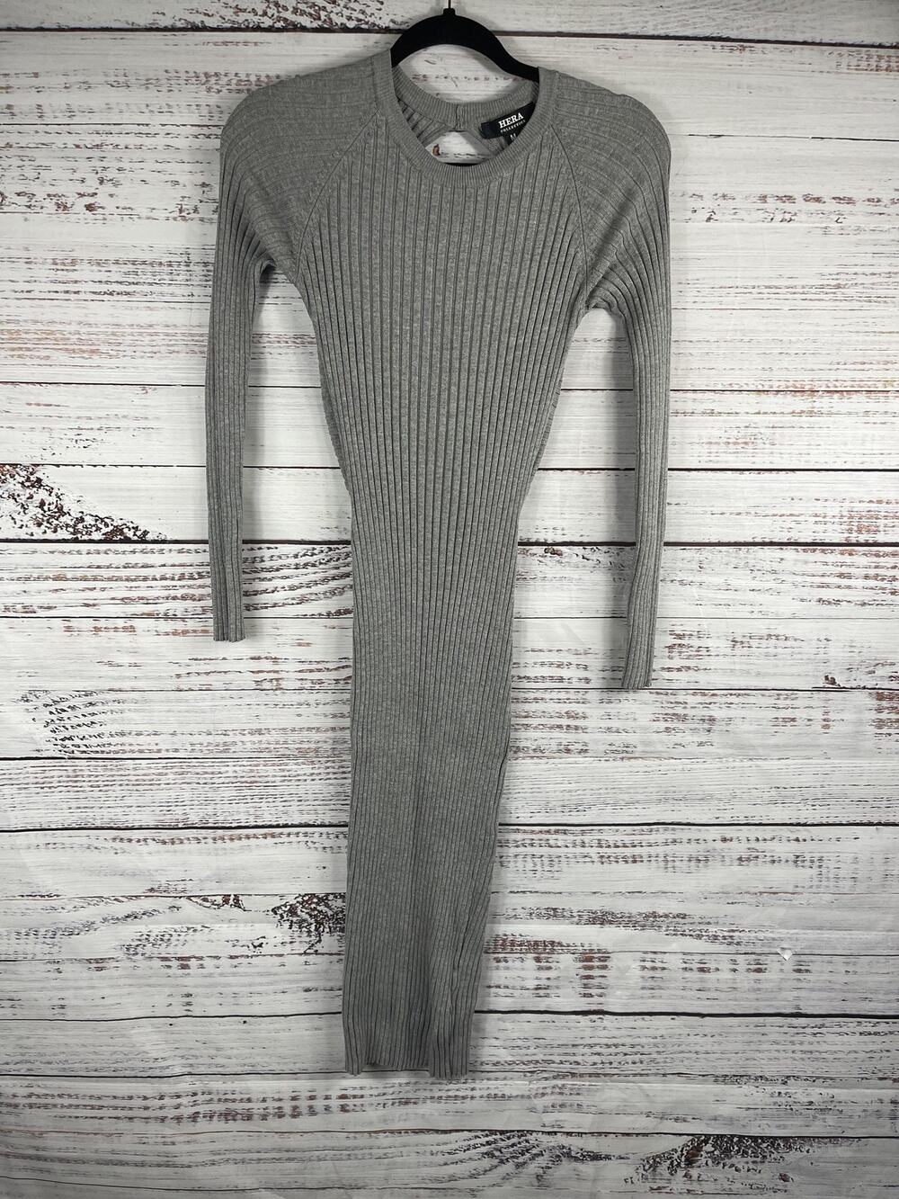 Hera Collection Dress Women's Size M Gray Ribbed Knit Bodycon Cutout Long Sleeve